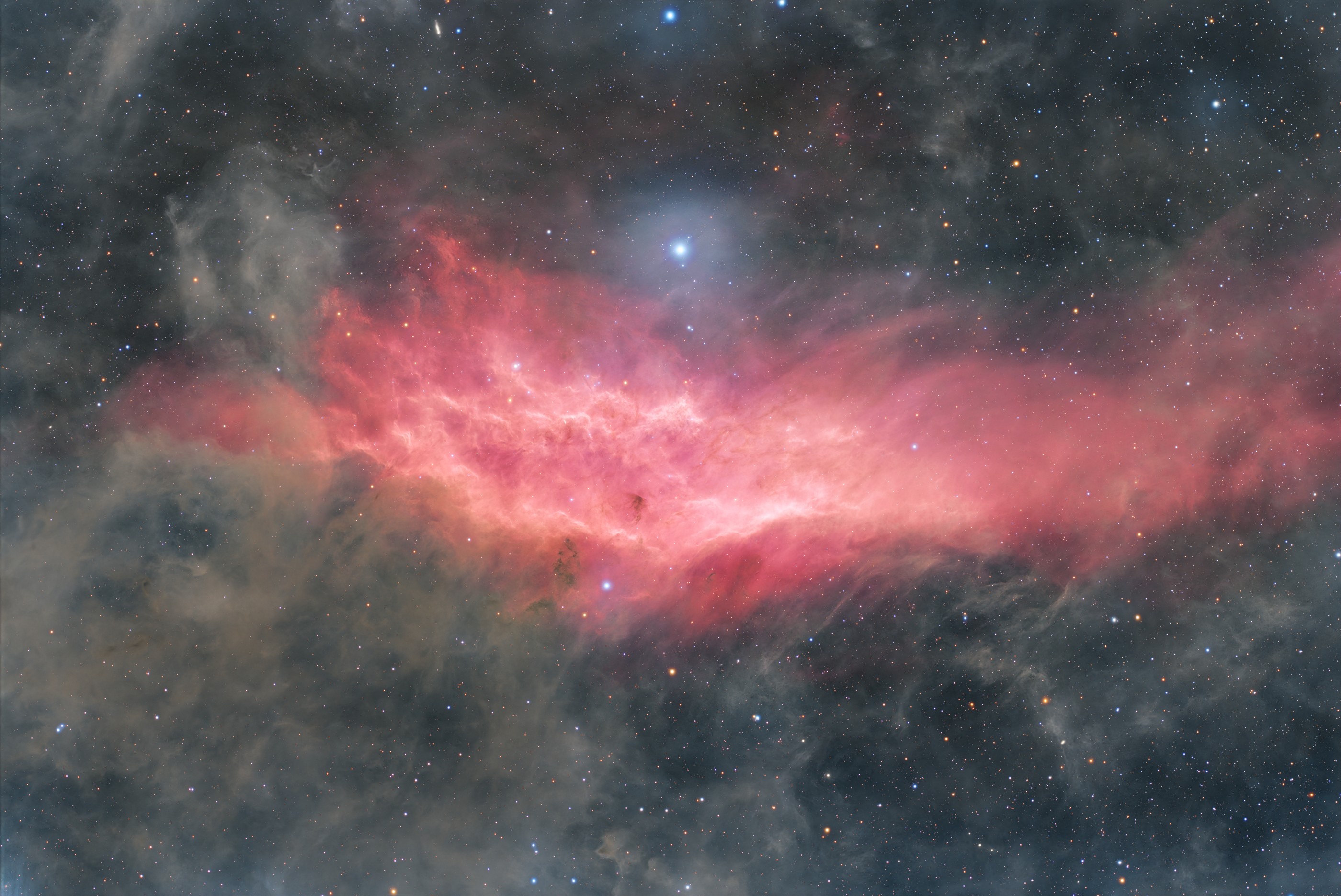 The red California Nebula surrounded by dark interstellar dust